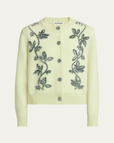 Jil Sander Velvet Floral Merino Wool Cardigan In Green