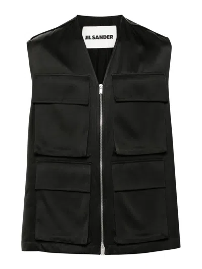 Jil Sander '14' High Collar Sleeveless Vest With Multiple Pockets In 黑色的