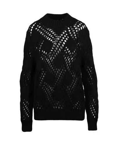 Jil Sander Virgin Wool Cable Knit Sweater With Textured Openwork Details In Black