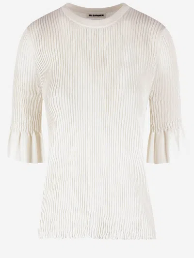 Jil Sander Viscose Blend T-shirt With Ruffled Sleeves In Neutral