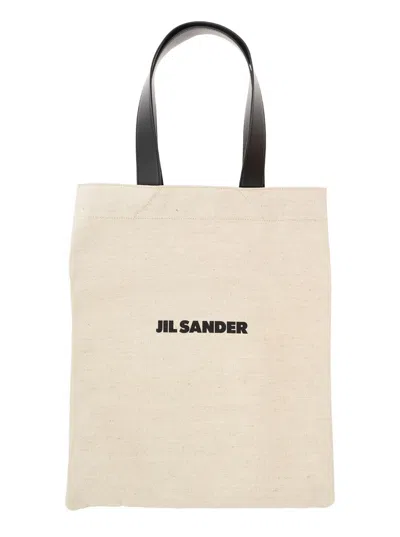 Jil Sander White Canvas Logo Tote Bag In Neutral