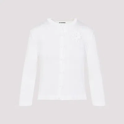 JIL SANDER WHITE CARDIGAN WITH CROCHET FLOWER