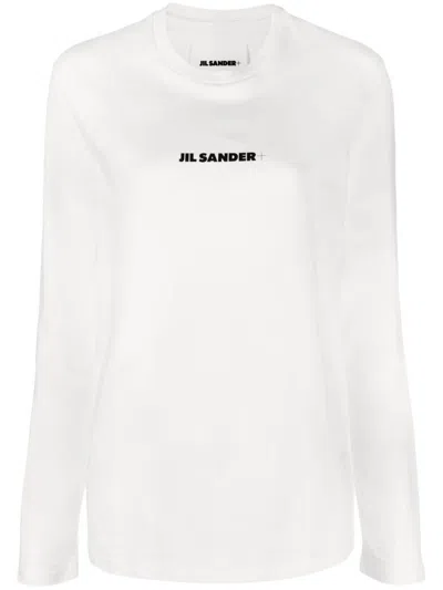 JIL SANDER WHITE COTTON T-SHIRT WITH BLACK LOGO AND LONG SLEEVES