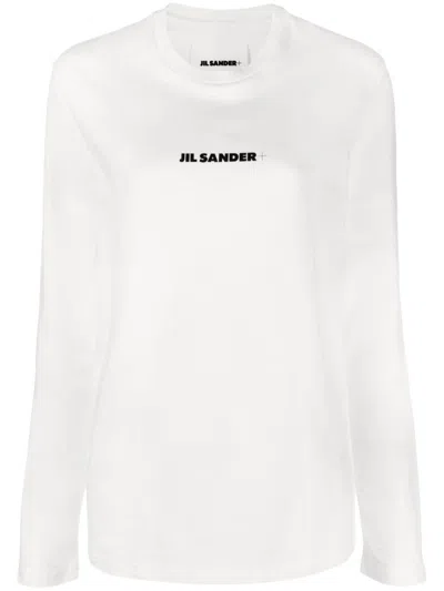 Jil Sander White Cotton T-shirt With Black Logo And Long Sleeves