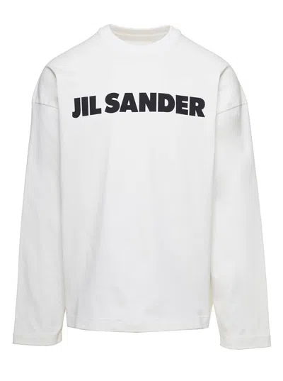 JIL SANDER WHITE CREWNECK SWEATSHIRT WITH CONTRASTING LOGO PRINT AT THE FRONT IN COTTON MAN