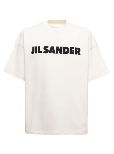 Jil Sander White Crewneck T-shirt With Lettering Print And Contrasting Logo In Cotton Man