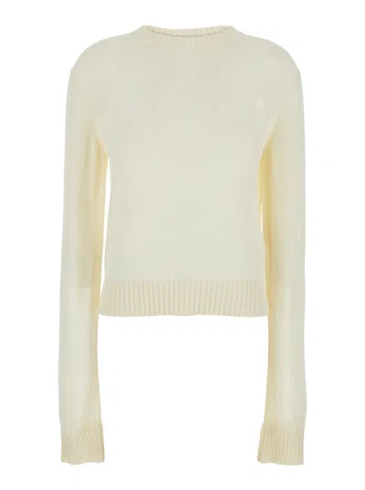 JIL SANDER WHITE CROPPED CREWNECK SWEATER WITH TONAL LOGO EMBROIDERY IN COTTON WOMAN