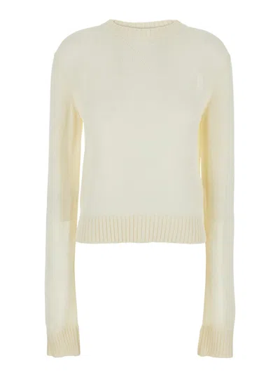 JIL SANDER WHITE CROPPED CREWNECK SWEATER WITH TONAL LOGO EMBROIDERY IN COTTON WOMAN
