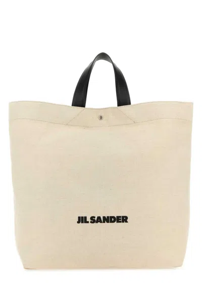 Jil Sander Leather Handles Canvas Tote In Beige