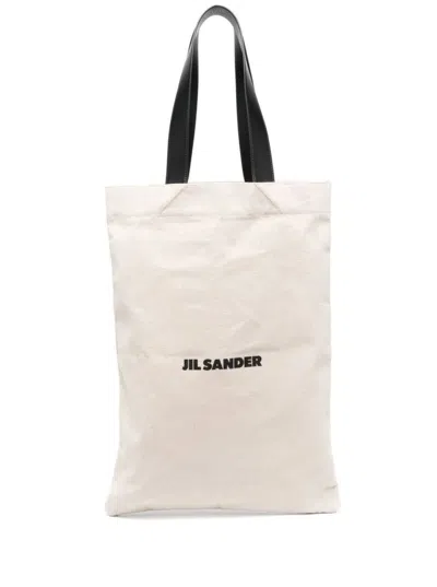 JIL SANDER WHITE LOGO-PRINT LINEN TOTE BAG