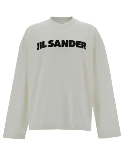 Jil Sander White Long Sleeve T-shirt With Contrasting Logo Print In Lightweight Cotton