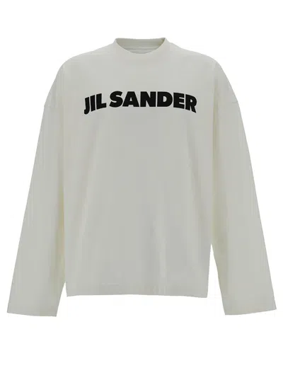 Jil Sander White Long Sleeve T-shirt With Contrasting Logo Print In Lightweight Cotton Man