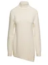 Jil Sander White Mock Neck Jumper With Asymmetric Hem In Wool Woman In Multicolor