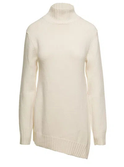 Jil Sander White Mock Neck Jumper With Asymmetric Hem In Wool Woman In Beige