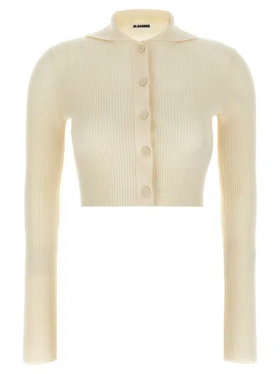 JIL SANDER WHITE RIBBED CARDIGAN
