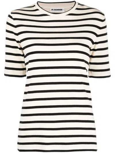 JIL SANDER WHITE STRIPED T-SHIRT WITH BLUE STRIPES