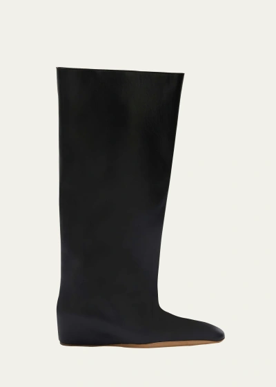 Jil Sander Wide Leather Flat Knee Boots In Black