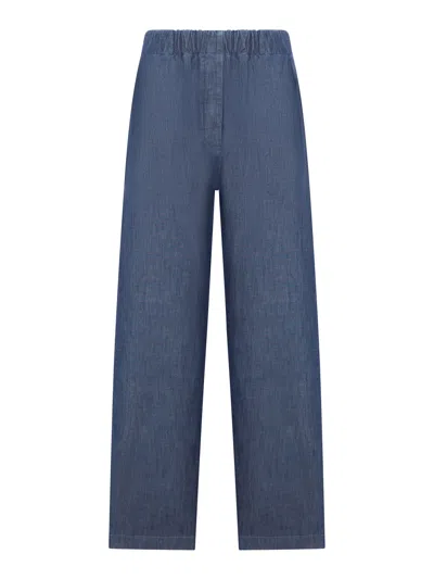 Jil Sander Wide Leg Trousers In Lightweight Cotton Chambray In Blue