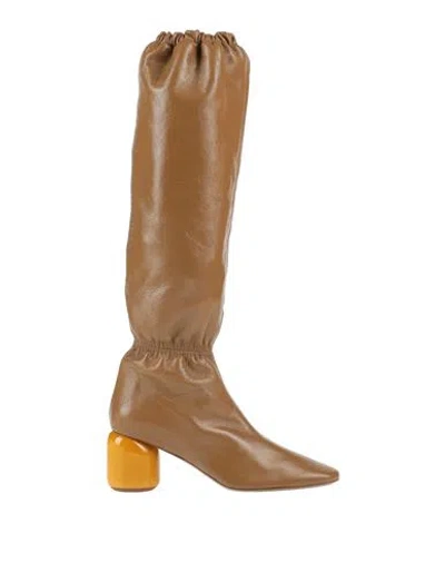 Jil Sander Woman Knee Boots Khaki Size 11 Soft Leather In Beige