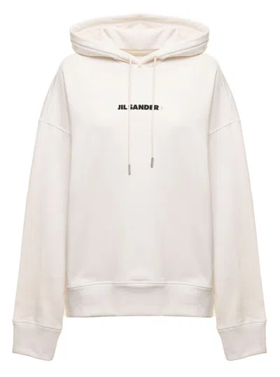 JIL SANDER JIL SANDER WOMAN'S WHITE COTTON HOODIE WITH LOGO PRINT