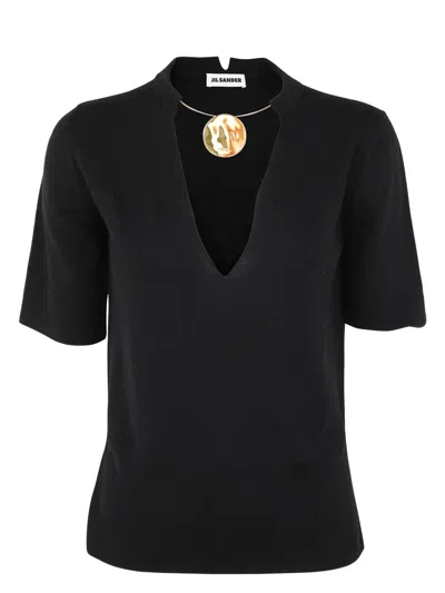 JIL SANDER WOMEN'S CREW NECK SHORT SLEEVE KNIT WITH INTEGRATED JEWEL NECKLACE