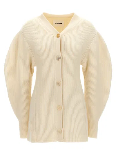 Jil Sander Long Ribbed Wool Cardigan With Button Closure In Yellow