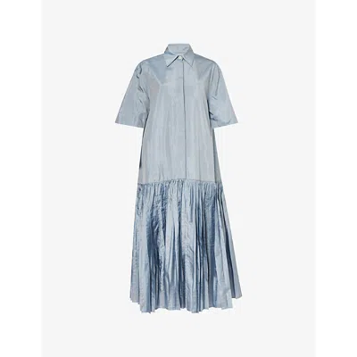 Jil Sander Womens Oversized Pleated Satin Midi Dress Pewter Blue
