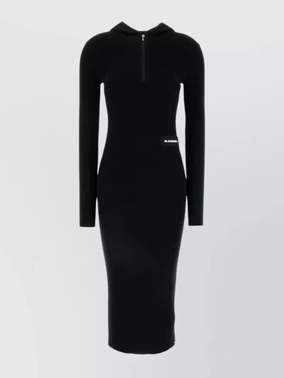 Jil Sander Wool Blend Dress With Hood And Ribbed Texture In Black