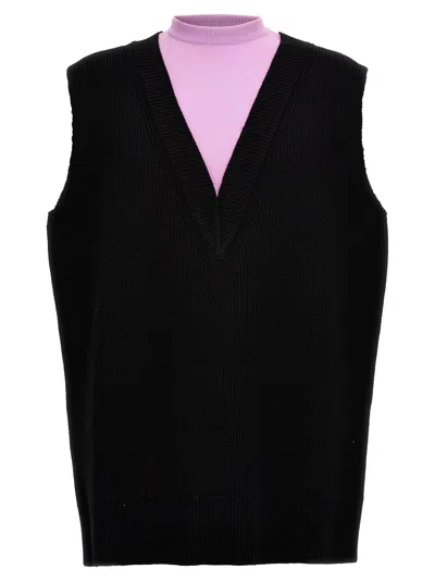 Jil Sander Wool Blend Knit With Contrast Neck Insert Vest In Black
