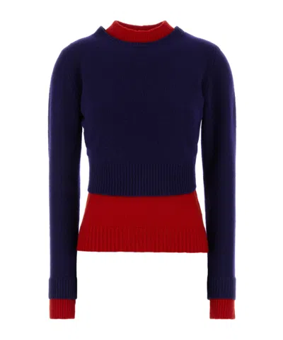 Jil Sander Double Layer Mock Neck Knitted Sweater In Blue