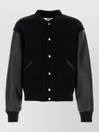 Jil Sander Wool Bomber Jacket Leather Sleeves Detail In Black