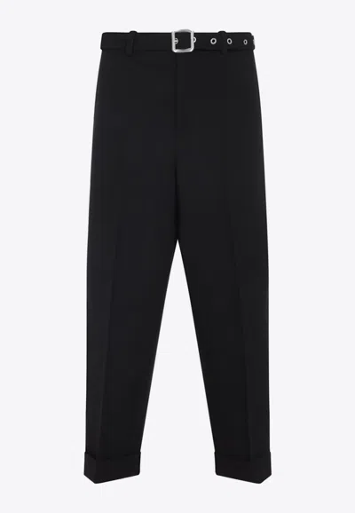 JIL SANDER WOOL CANVAS BELTED TROUSERS