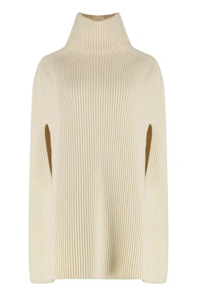 Jil Sander Wool Cloak With High Collar And Wide Sleeves In White