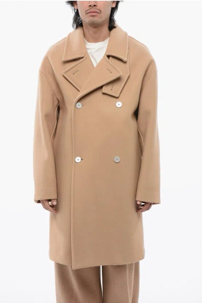 Jil Sander Wool Double Breasted Coat In Beige