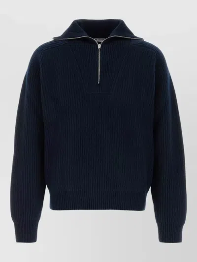 Jil Sander Half-zip Ribbed Knit Sweater With Wide Collar In Blue