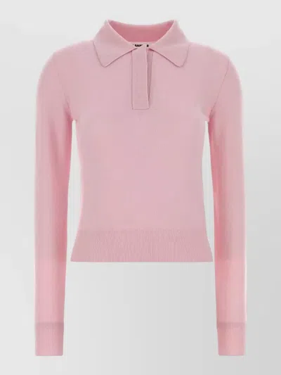 Jil Sander Wool Polo Shirt Long Sleeves Ribbed Trims In Pink