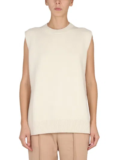 Jil Sander Wool Sleeveless Crewneck Vest In Beige