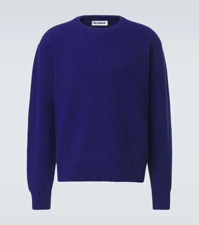 Jil Sander Fisherman Rib Knit Crew Neck Sweater In Blue