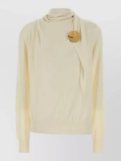Jil Sander Wool Sweater Decorative Button Draped Neckline In Neutral
