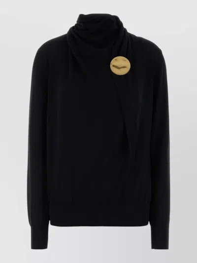 Jil Sander Wool Sweater Decorative Button Scarf Detail In Black