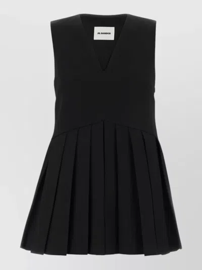 Jil Sander Wool Top Sleeveless V Neckline Pleated In Black
