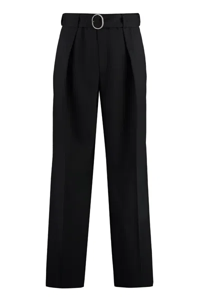 Jil Sander Wool Trouser With Wide Front Pleats And Belt In Black