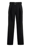 JIL SANDER MEN'S BLACK WIDE FRONT PLEATED WOOL TROUSERS WITH BELT AND POCKETS FOR SS24