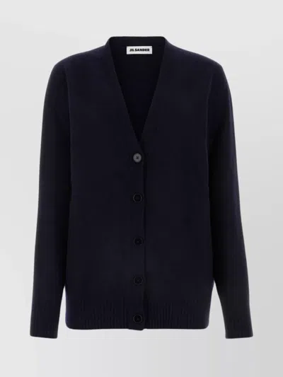 Jil Sander Wool V Neck Cardigan With Ribbed Cuffs And Hem In Blue