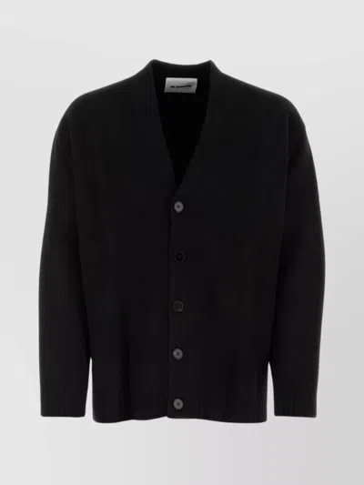 Jil Sander Wool V-neck Cardigan With Ribbed Cuffs And Hemline In Black