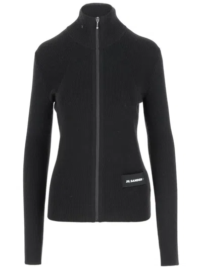 Jil Sander Wool Blend Cardigan With Logo In Black