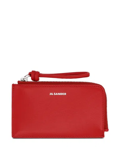 Jil Sander Folded Leather Mini Wallet And Coin Purse With Embossed Logo In Red