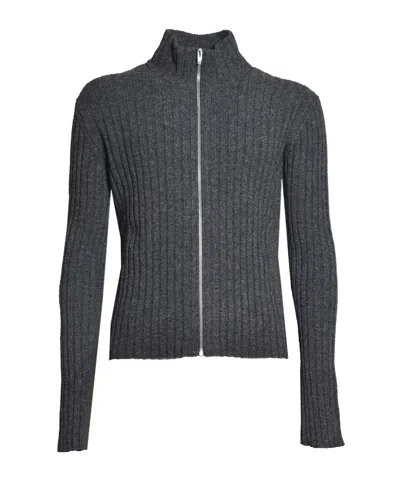 Jil Sander High Collar Cardigan Long Sleeves Ribbed Texture In Gray