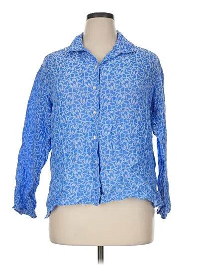 Pre-owned Jill Mcgowan Long Sleeve Silk Top Blue Collared Neckline Tops
