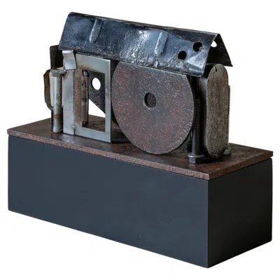 Pre-owned Jim Rose Found And Salvaged Steel House Structure On A Reclaimed Steel Plate, Wooden Base In Brown